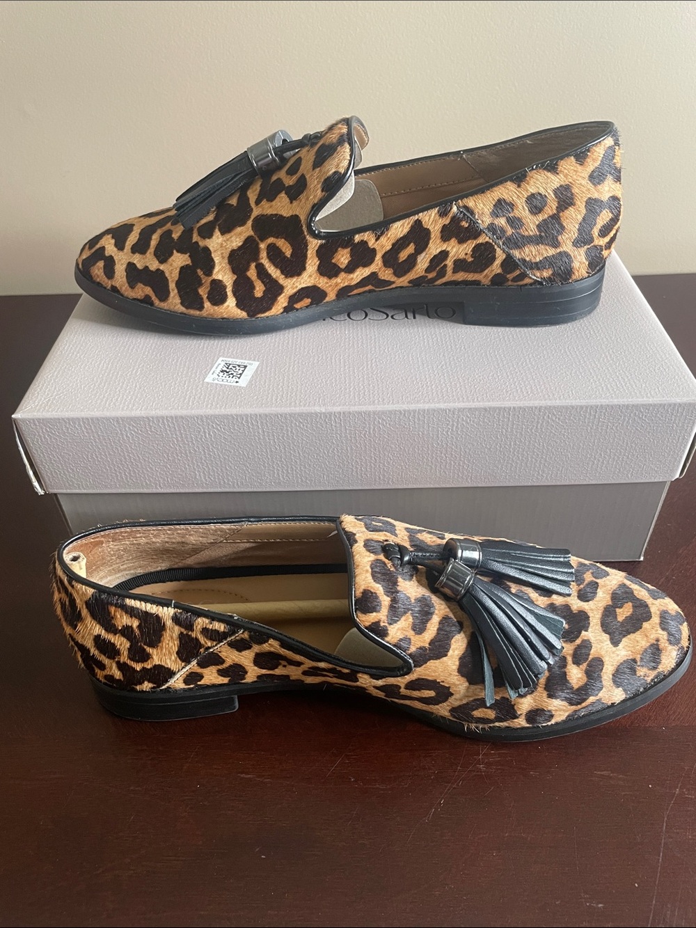 Franco Sarto Leopard Print Tassel Loafers in Tan and Black